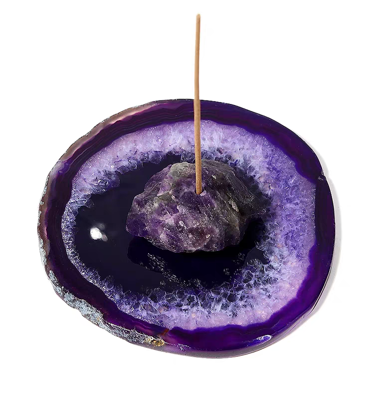Sacred Harmony: One-of-a-Kind Purple Agate Slice and Amethyst Incense Tray