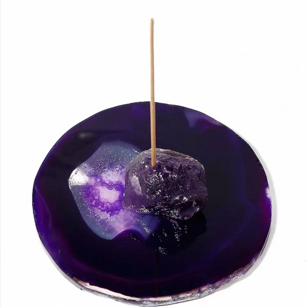Sacred Harmony: One-of-a-Kind Purple Agate Slice and Amethyst Incense Tray